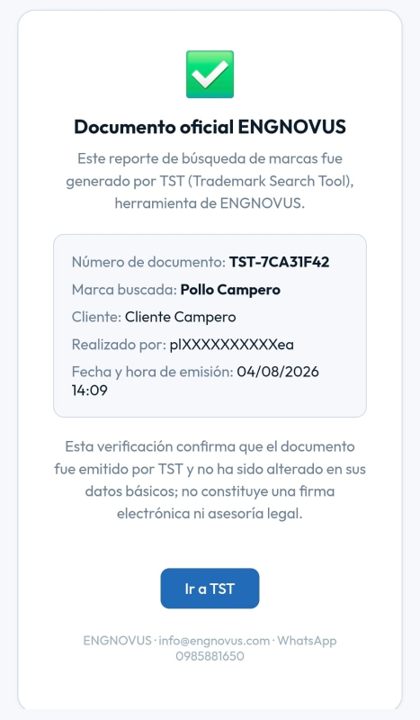 Página de verificación por código QR de un documento oficial de TST